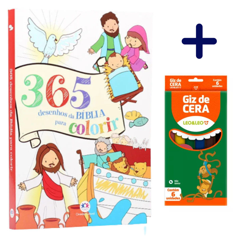 Livro 365 Desenhos da Bíblia para Colorir + Caixa de Giz de Cera Ciranda Cultural Crianças Infantil