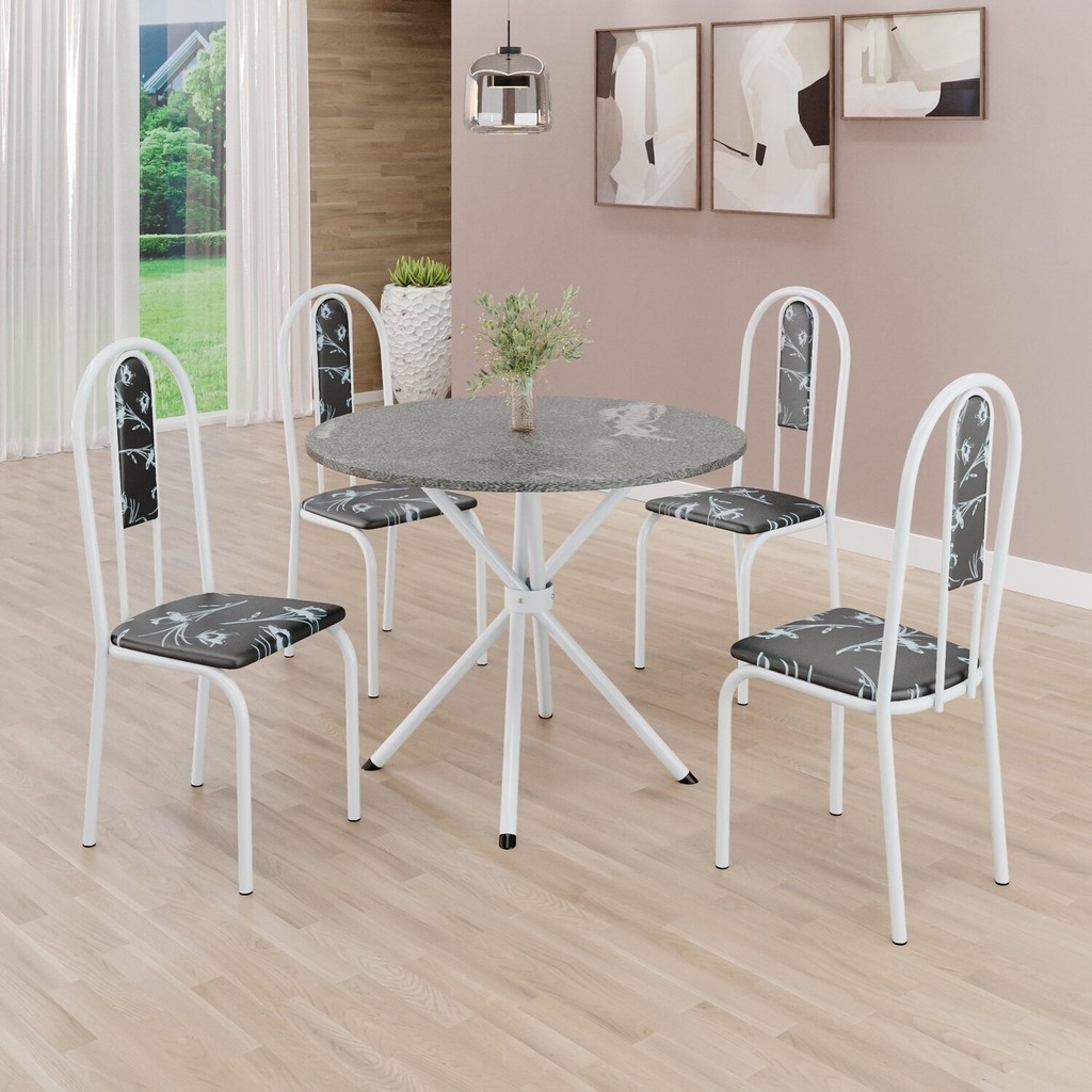 Conjunto Sala de Jantar Mesa Redonda 70cm Tampo Granito Topázio 4 Cadeiras Linda Yescasa Preto Floral/Branco em Oferta na Shopee