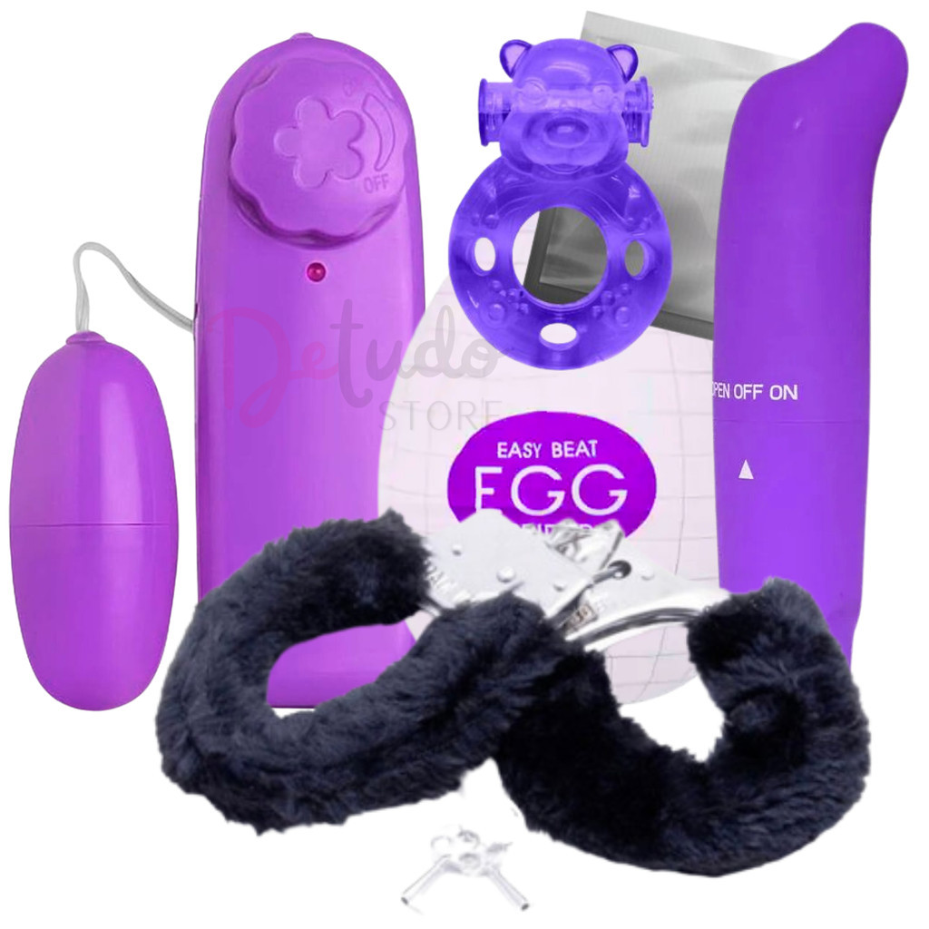 Kit Sex Shop Vibrador Ponto G Golfinho + Vibrador Cápsula com Controle + Algema de Pelúcia Metal + Anel Peniano Vibratório + Masturbador Masculino Ovo Egg
