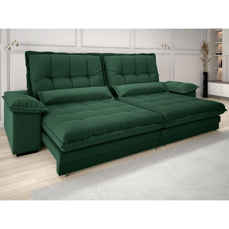 Sofá Bergamo 2,90m Assento Retrátil e Reclinável Velosuede Verde - NETSOFAS