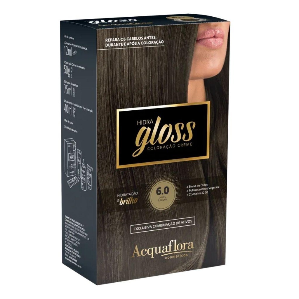 COLORAÇÃO CREME ACQUAFLORA KIT HIDRA GLOSS 6.0 LOURO ESCURO