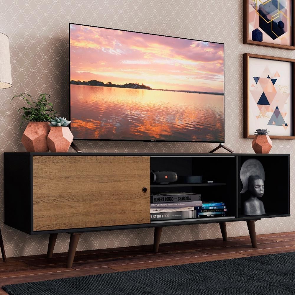 Rack Madesa Dubai para TV até 65 Polegadas com Pés - Preto/Rustic/Rustic em Oferta na Shopee
