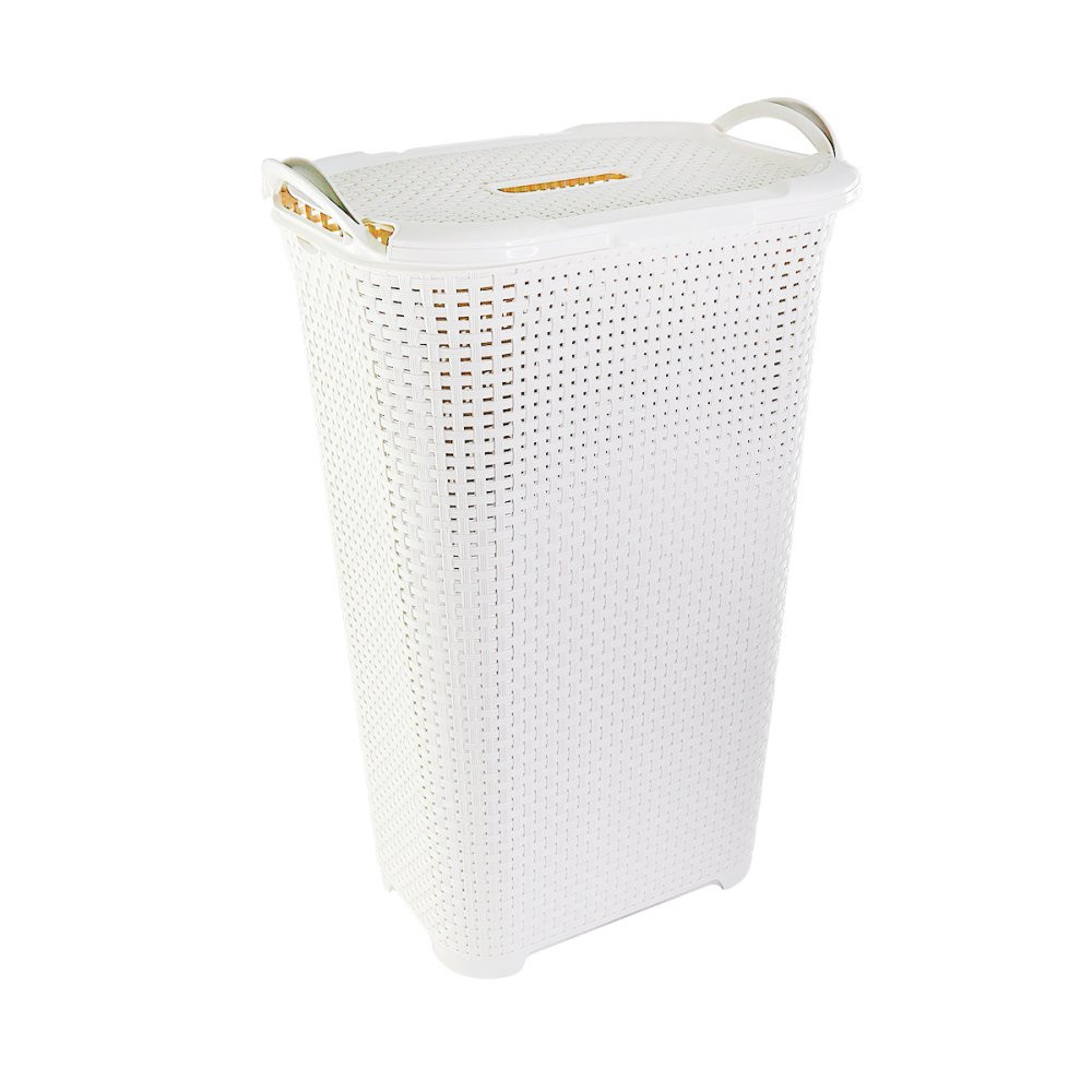 Caixa organizadora Cesto Grande com tampa Rattan 50 Litros + Tampa Basculada Branco Cesto Rattan Tampa roupas banho