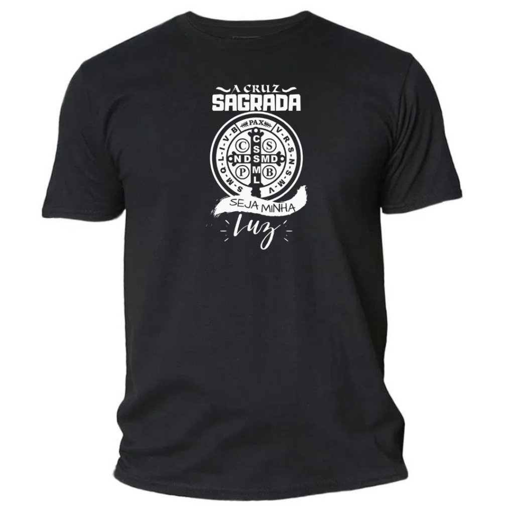 camisa Camiseta masculina basica algodão catolica estampada são Bento a cruz sagrada seja minha luz
