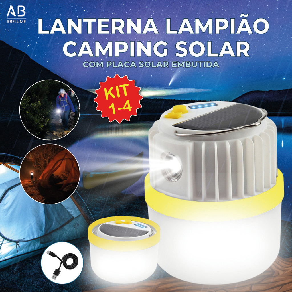 Kit 1/2/3/4 Luminária Solar Led Recarregável com Placa Solar embutida com lanterna Luz de emergência Fria