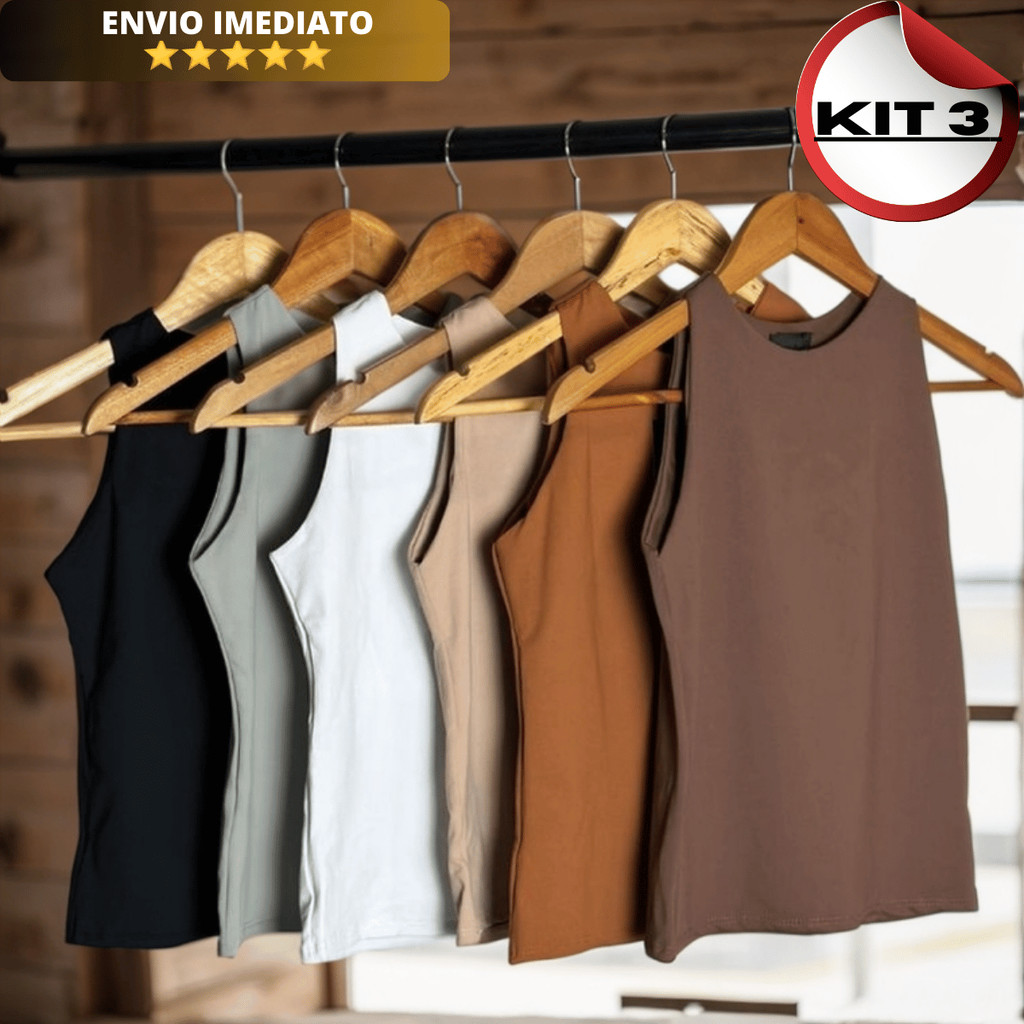 Kit 3 Regatas Blusinhas Suplex Forro Duplo Feminina Básica Elegante Moda Blogueira