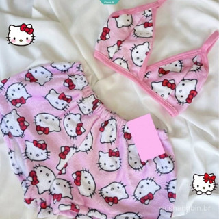 Conjunto de Pijamas e Biquíni Sanrio Hello Kitty em Promoção com Coração Rosa Conjunto de Duas Peças para Mulheres em Oferta na Shopee