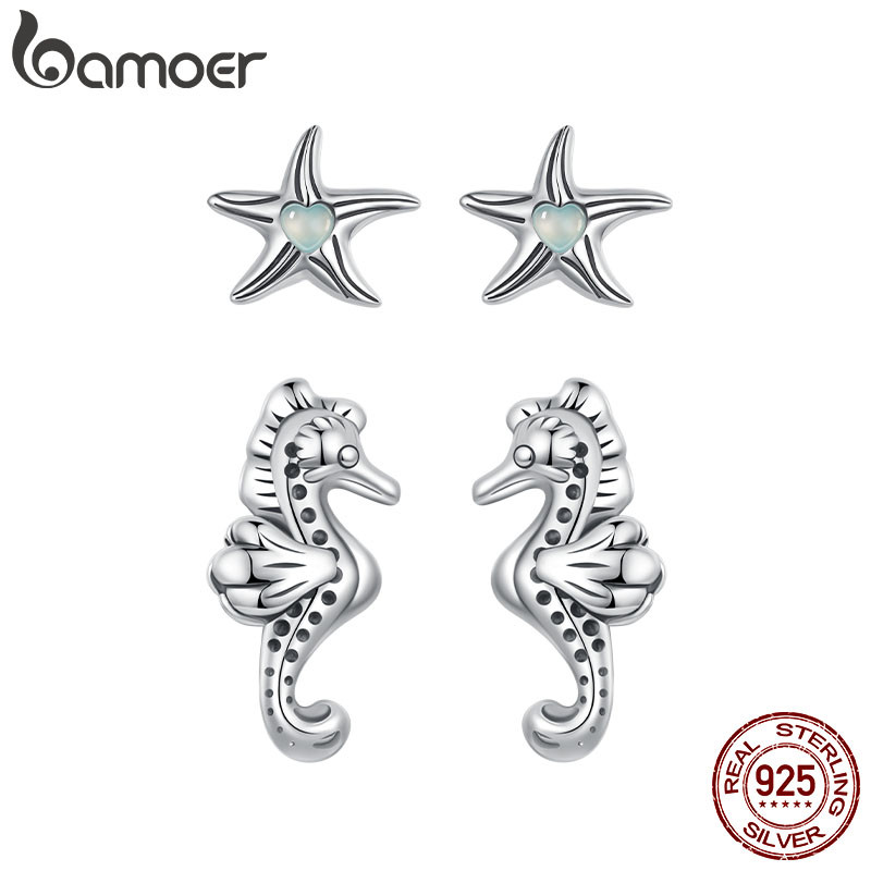 Brincos Bamoer 925 Sterling Sliver Starfish Seahorse Acessórios Joias Presentes Para Mulheres