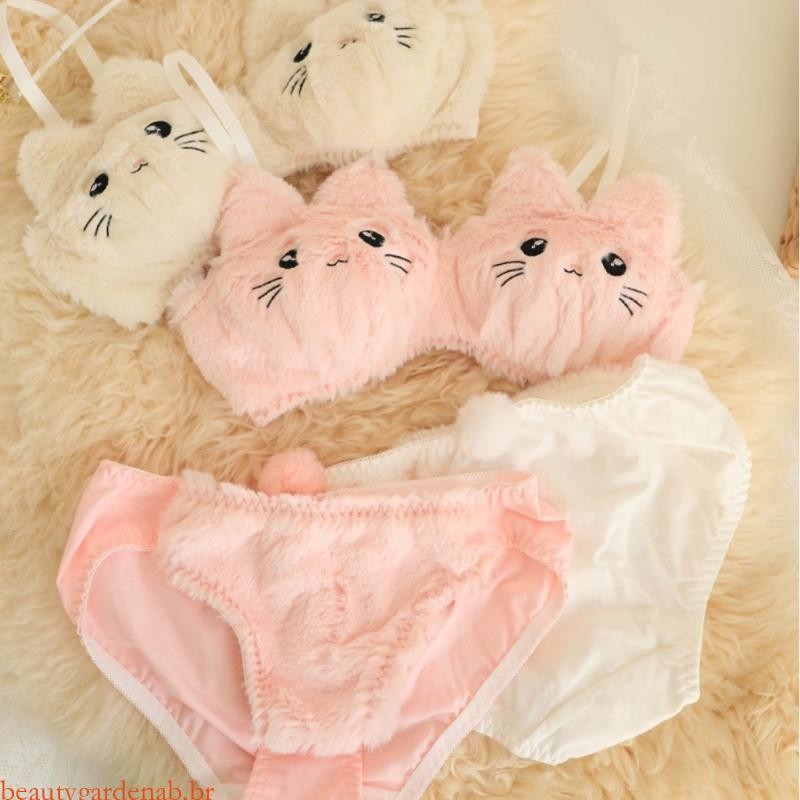 beautygardenab 2 Peças Gatos Desenho Animado Lingerie Pelúcia Anime Sutiã E Calcinha Fanta...