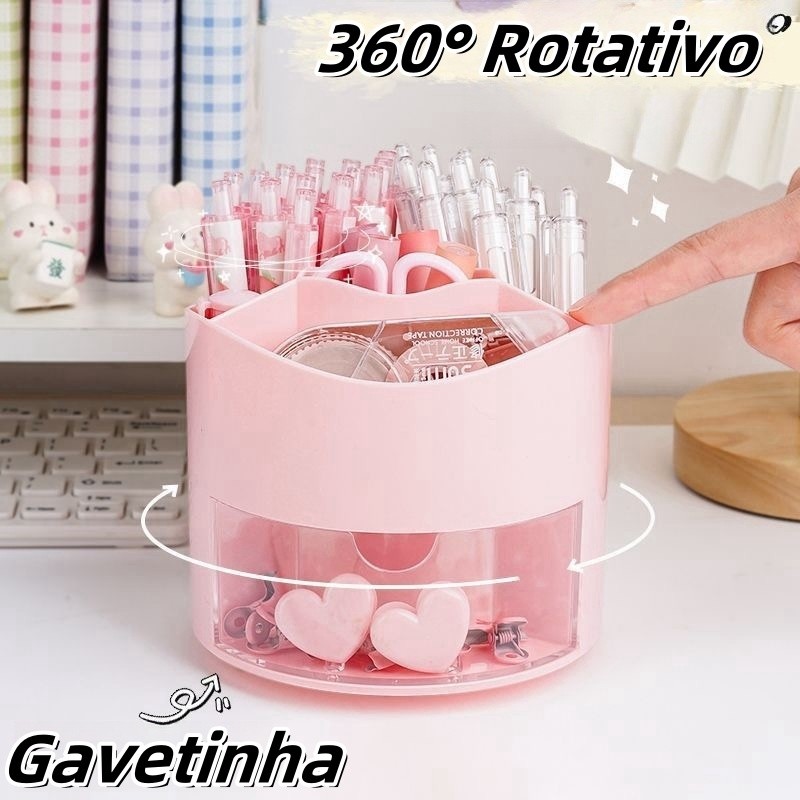 Porta lápis Caneta Pincel 360° Rotativo Com 5 Divisórias E Gavetinha Grande Capacidade Arm...