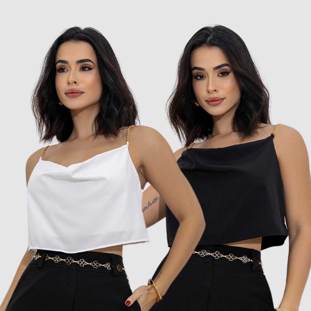 Kit 2 Blusa Cropped Soltinho Viscose Alça Corrente Social