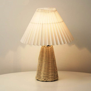 [EPAY] Abajur De Mesa Plissado Noturno De Cabeceira Com Base De Vime Estilo Vintage Soft L...