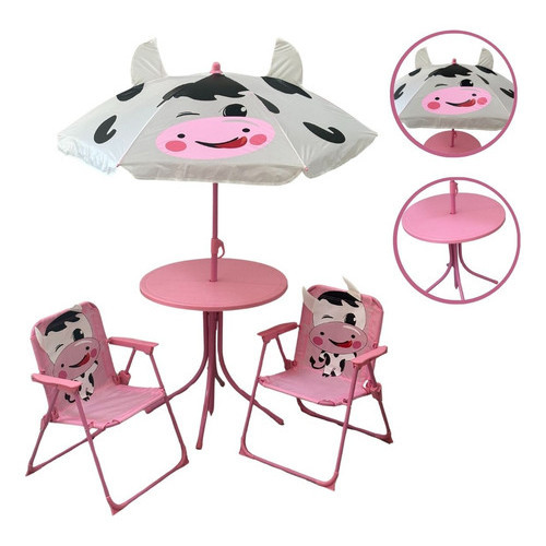 Kit Mesa C/ 2 Cadeiras Guarda Sol Camping Infantil Bichinhos Importway