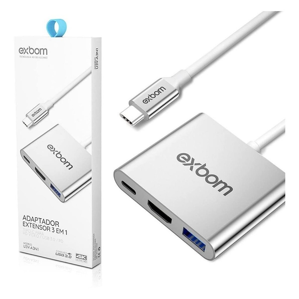 Cabo Adaptador 3 em 1 Conversor USB Tipo-C para HDMI + USB 3.0 + Tipo C Exbom U3V-A3N1