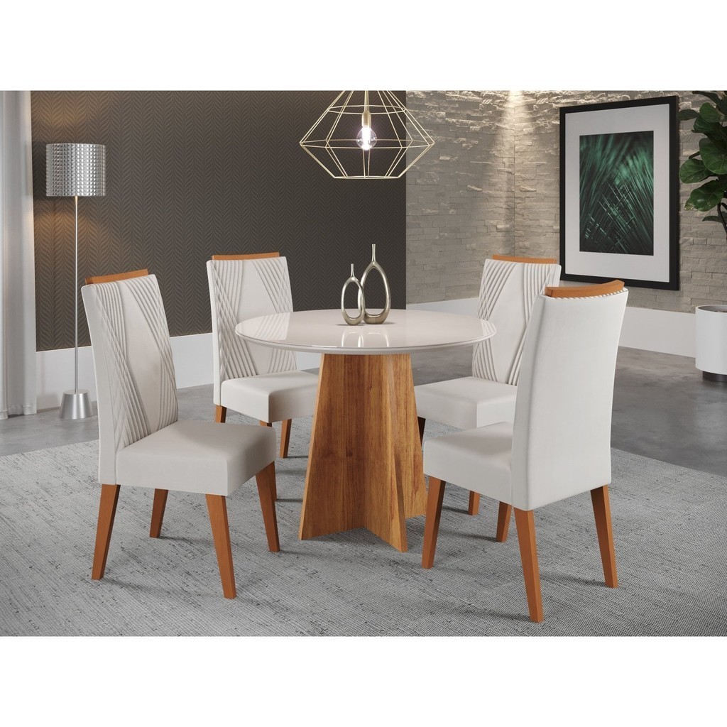 Mesa de Jantar Redonda Riu com 4 Cadeiras Madeira Maciça Vegas Marfim/Mel em Oferta na Shopee