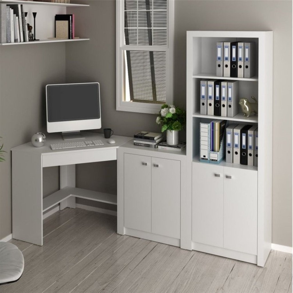 Escrivaninha de Canto com 1 Gaveta, Armário Baixo e Armário Alto Branco em Oferta na Shopee