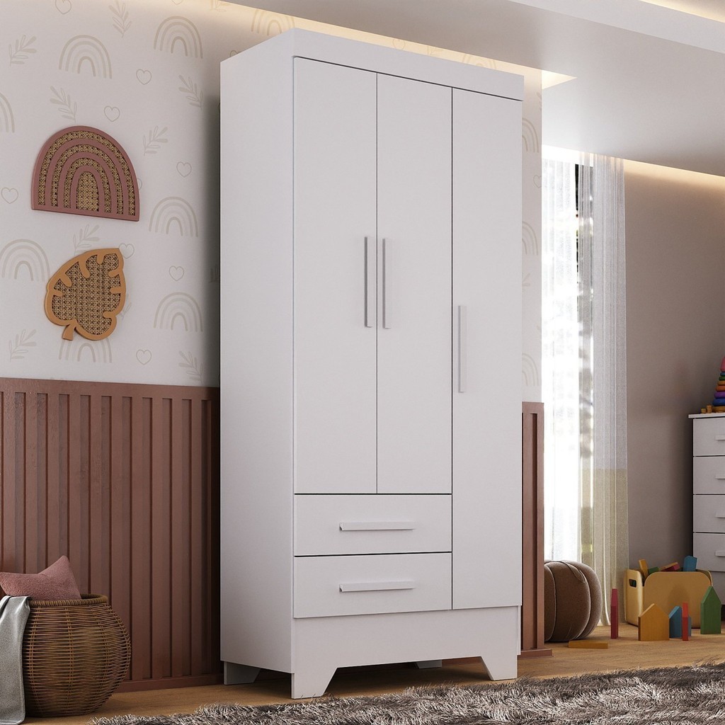 Guarda Roupa Infantil 3 Portas 2 Gavetas Branco Tic Tac Espresso Móveis Branco em Oferta na Shopee