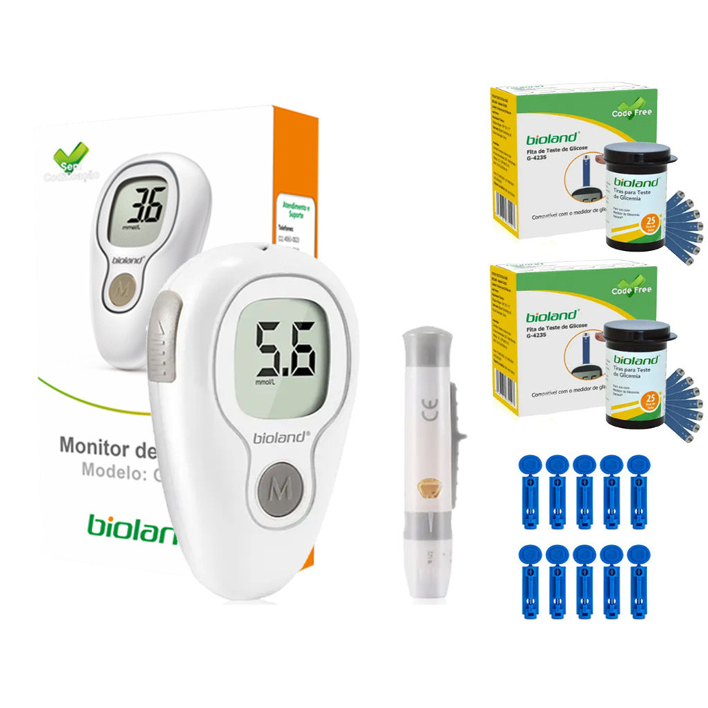 Aparelho de glicose glicemia Bioland com 125 tiras completo