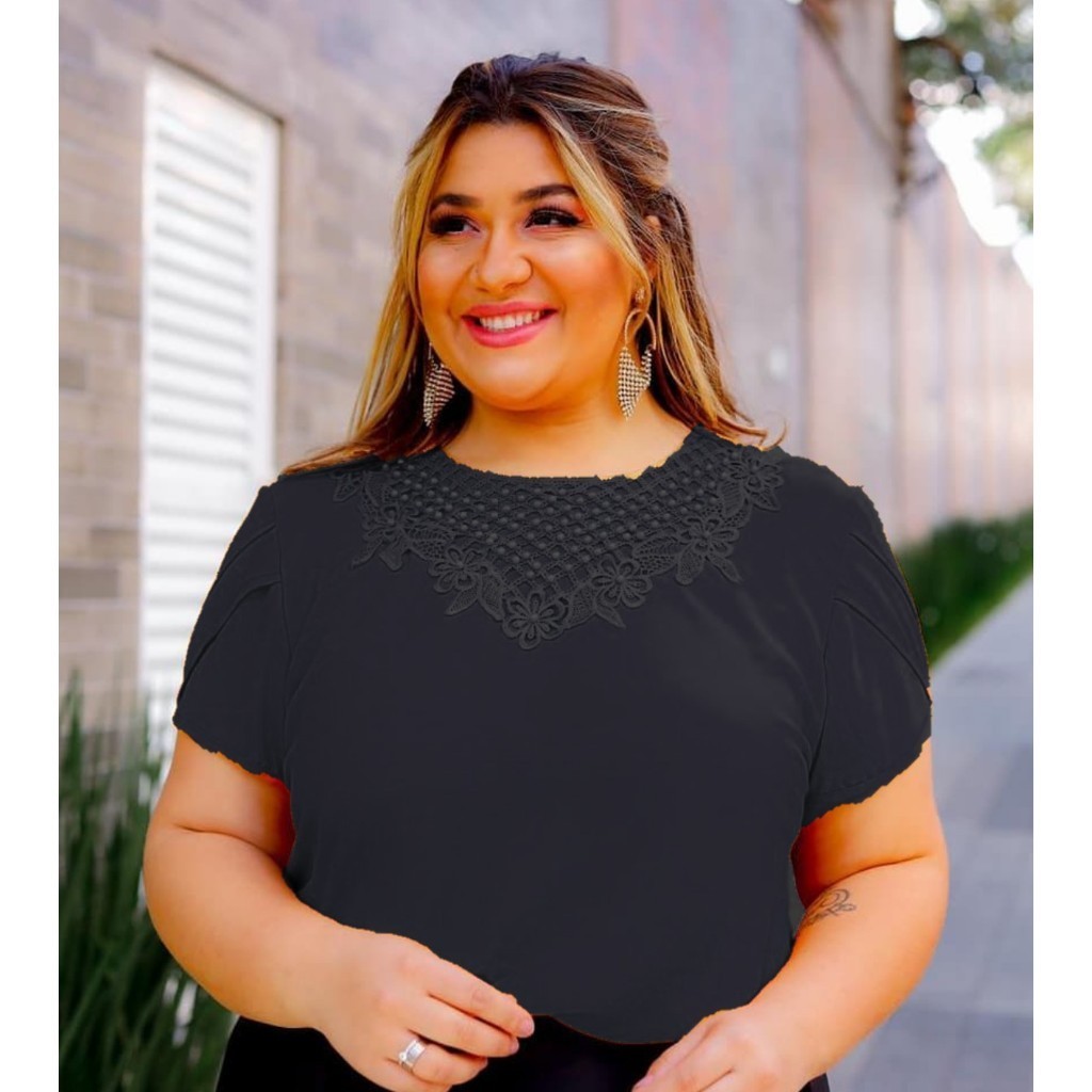 Blusa Camisa Plus Size G2 Preto Manga Curta Renda Social Crepe Feminina Moda Evangélica Cristã Social Bordada Para Congresso Delicada Romântica Pérola Pedrinha