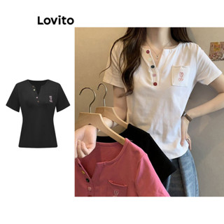 Lovito Casual Camiseta Feminina Lisa de Manga Curta com Botão Frontal LNA08072 (Multicolorido)