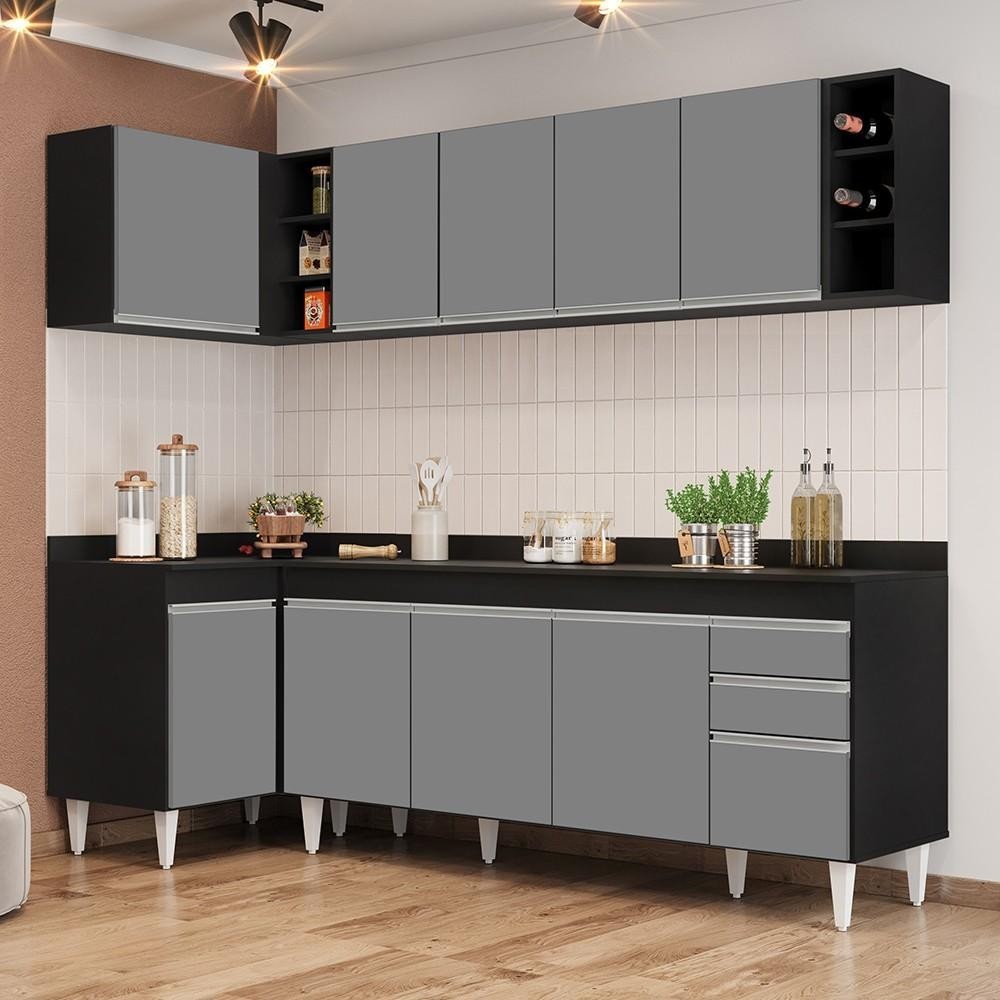 Armário de Cozinha Modulado de Canto Direito 5 Peças CP44 Balcão com Tampo Preto/Cinza - Lumil em Oferta na Shopee