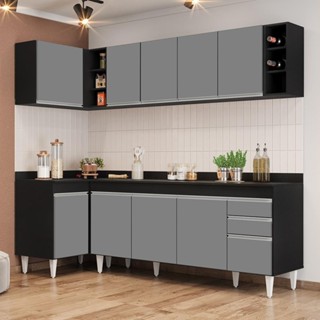 Armário de Cozinha Modulado de Canto Direito 5 Peças CP44 Balcão com Tampo Preto/Cinza - Lumil em Oferta na Shopee