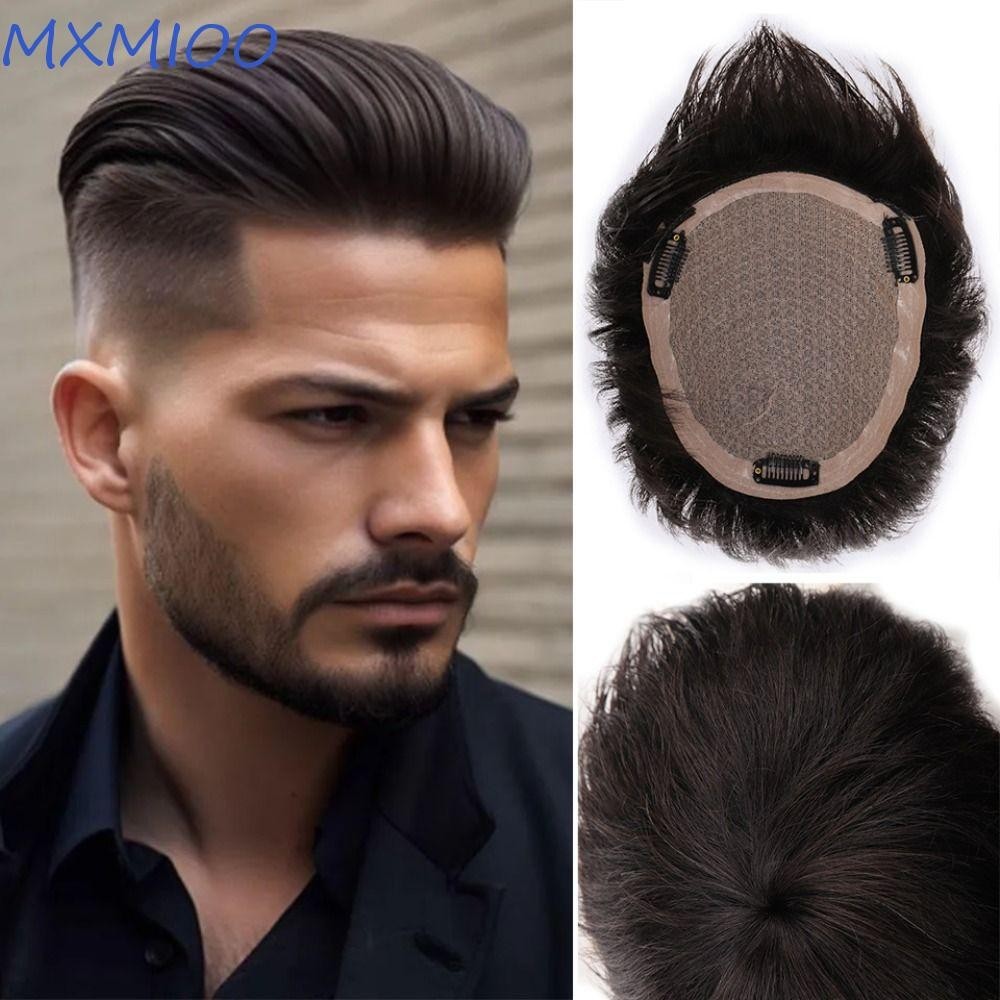 MXMIOO Peruca Natural Masculina , De Cabelo Humano De Substituição Clip-On , Linha Alta Curta Preta