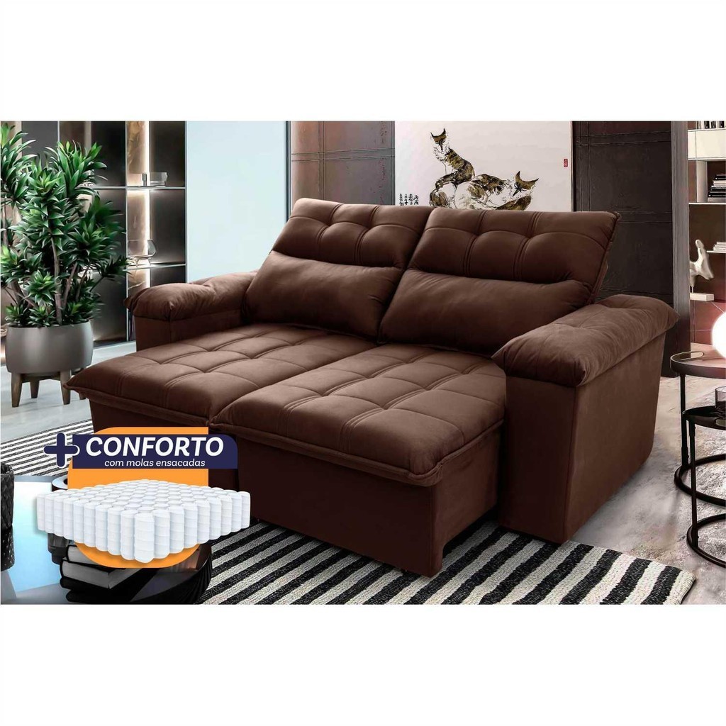 Sofá Retrátil Reclinável Verona 2,00m Suede Velut Marrom Molas Ensacadas - King House - Home & Living