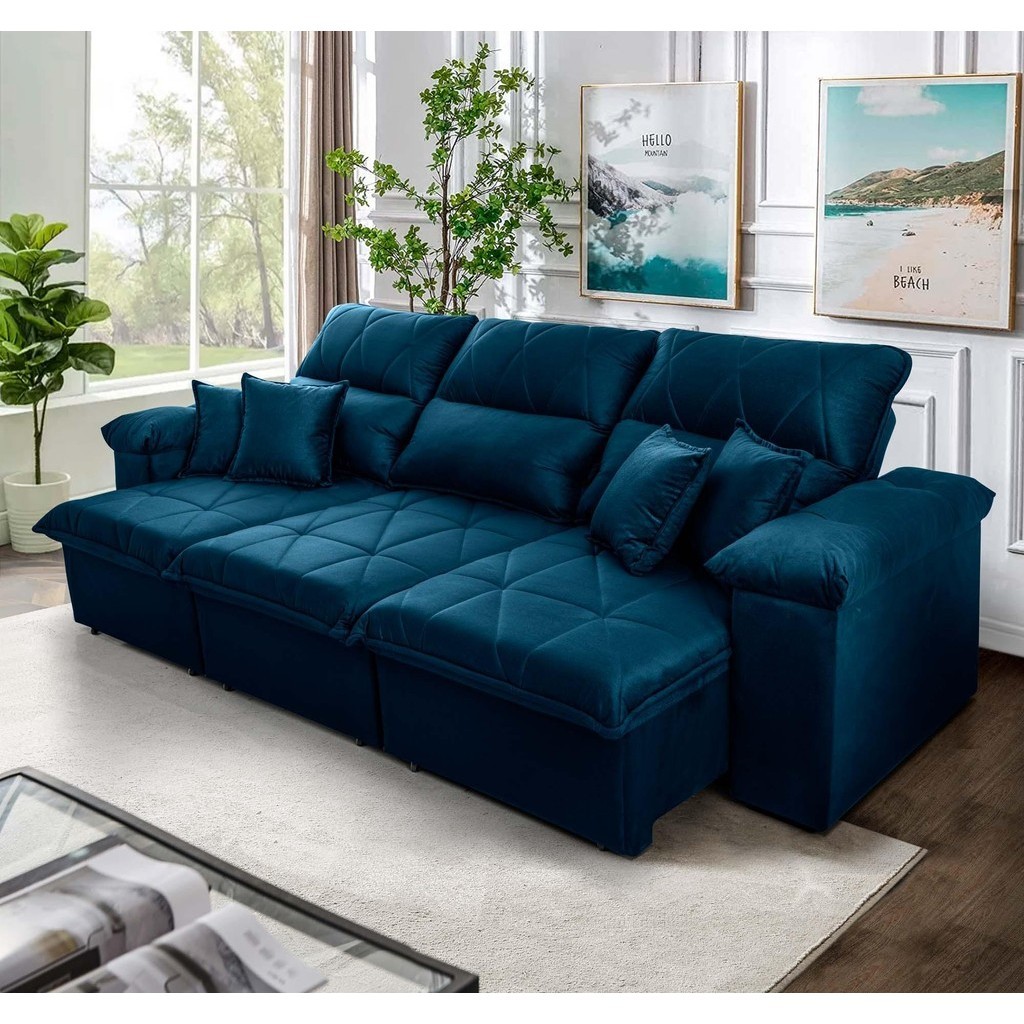 Sofá Retrátil Reclinável Trento 2,30m Suede Velut Azul  Molas no Assento - King House - Home & Living