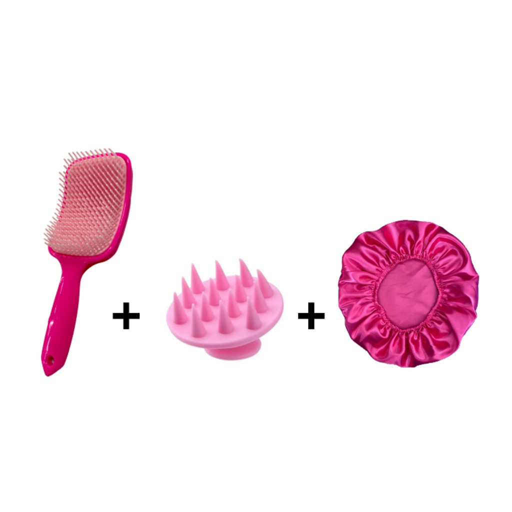 Kit Escova Raquete + Massageadora de Silicone + Touca de Cetim em Oferta na Shopee