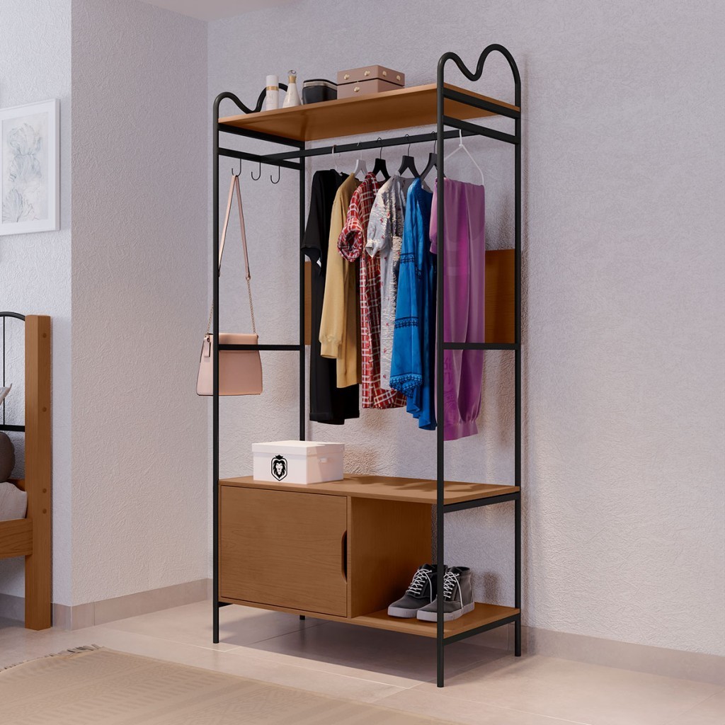 Closet Oasis 1 Porta 3 Prateleiras Preto/Nature - Art Panta - Home & Living