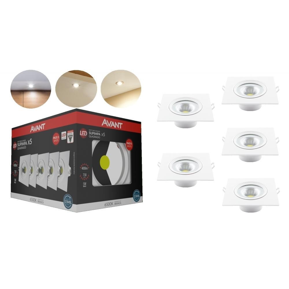 Kit 5 Spots Supimpa Quadrados 5w 6500k Emissão De Luz Branca Avant 400 Lúmens em Oferta na Shopee