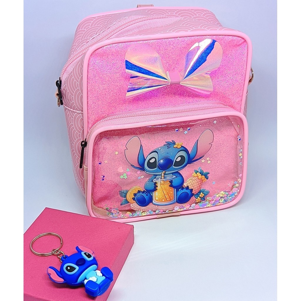 Kit Bolsa infantil Menina Disney Lilo Stitch Mochila Gel com Glitter + Chaveiro com Boneco Miniatura Stitch 3D Presente