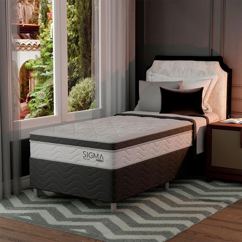 Cama Box com Colchão Solteiro Sigma Molas Ensacadas (22x88x188) Branco e Cinza - Home & Living