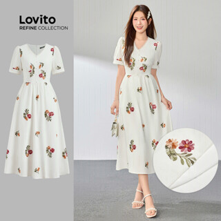 (Lovito Refine) Vestido casual floral drapeado com botões texturizados para mulheres LR2AD060 em Oferta na Shopee
