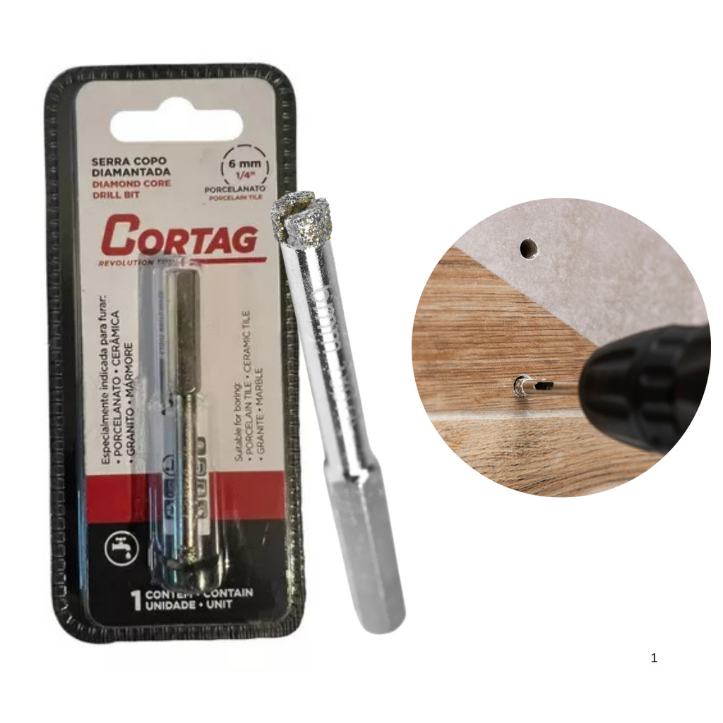 Serra Copo Diamantada Broca Porcelanato Cerâmica 6mm 1/4 Cortag