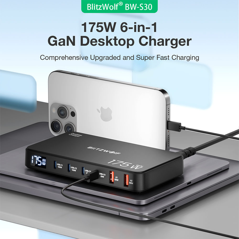 [GaN Tech] Blitzwolf ® BW-S30 175W Carregador USB PD De 6 Portas 4USB-C + 2USB-A QC Display Digital Estação De Carregame - Mobile & Gadgets