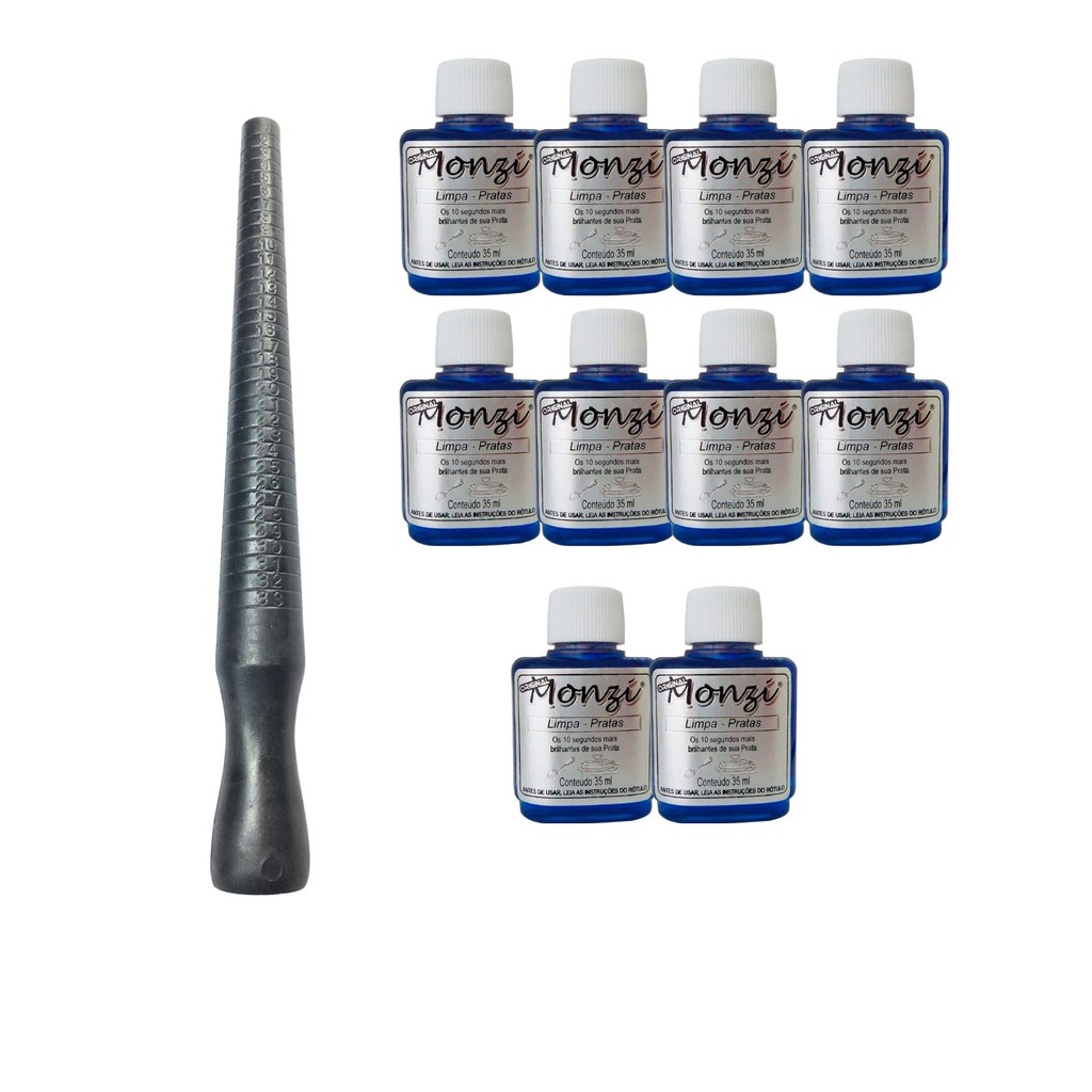 Kit 10 Limpa Pratas Monzi 35ml Original + 1 Aneleira Bastão Medidor Anel Aliança Nº 1 ao 33