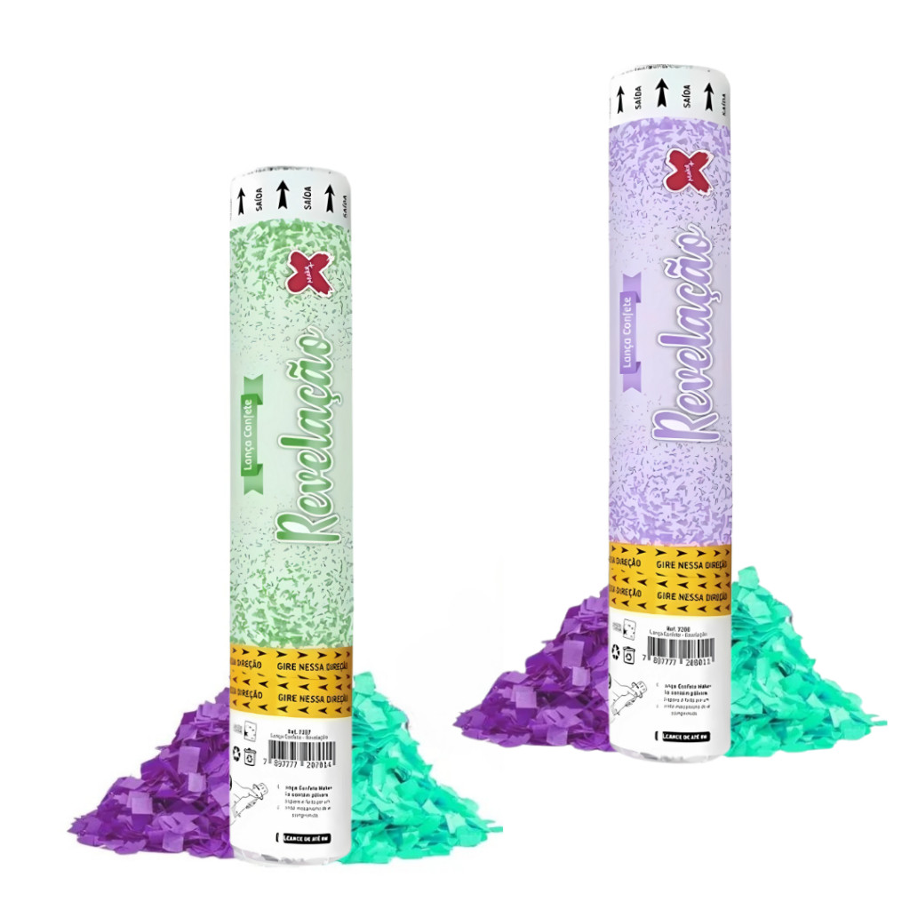 Kit 2 Unidades Lança Confetes Chá Revelação bebê Azul Rosa Verde Menino e Menina