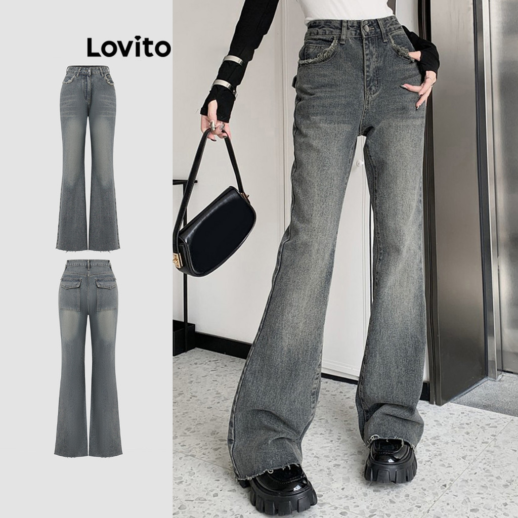Lovito Jeans casuais lisos lavados para mulheres L114AD835 - Women Clothes