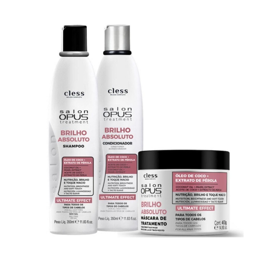 Kit Salon Opus Brilho Absoluto 3pc (Sh 350ml + Cond 350ml + Masc 400g) em Oferta na Shopee