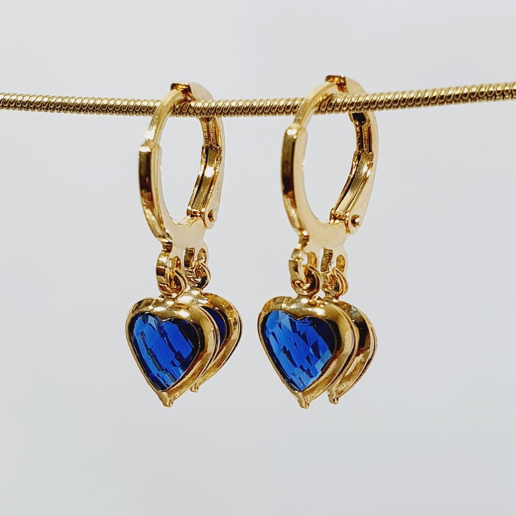 Brinco Argolinha Coração Azul Royal Folheado A Ouro 18k