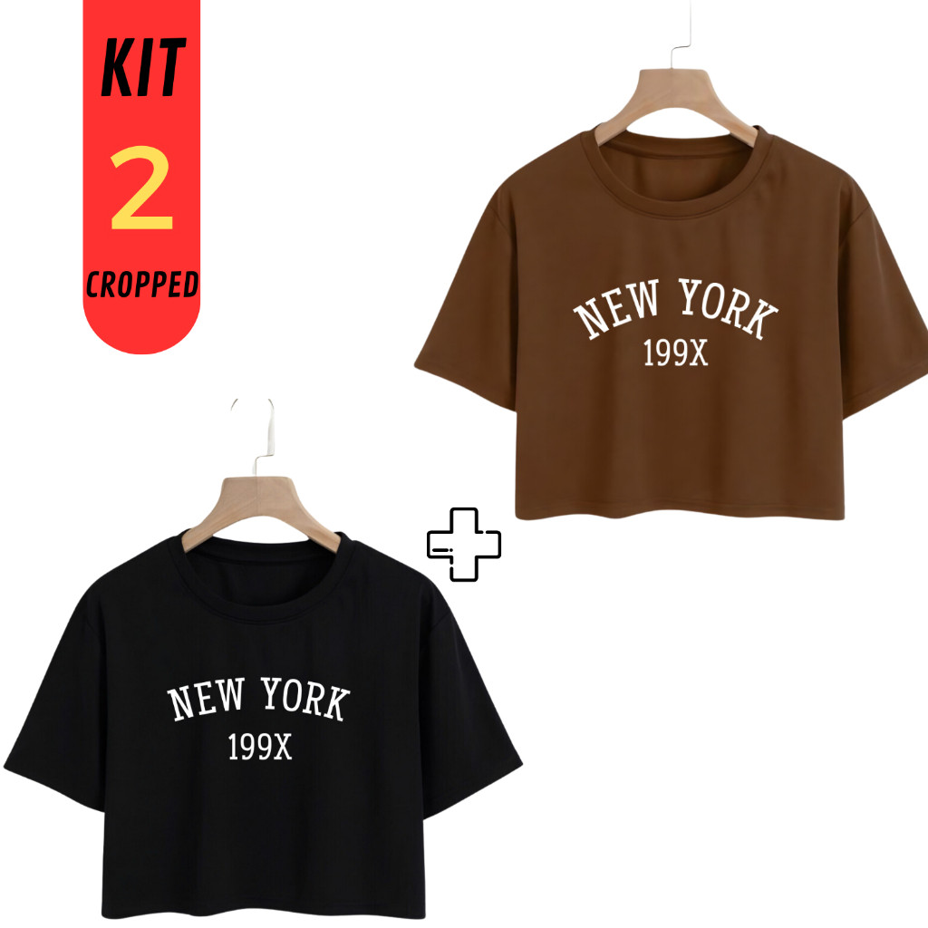 Kit 2 Cropped Feminino Larguinho New York Estilo de Rua Academia T Shirt