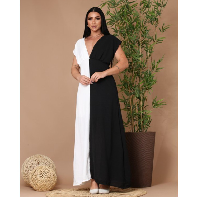 Vestido Longo Feminino Duna Bicolor Frente Única Decote em V Tendência Fashion