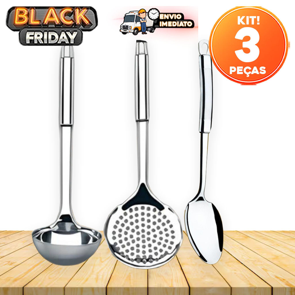 Kit 3 Utensílios de Cozinha Linha Premium – Colher de Arroz, Concha de Feijão e Escumadeira em Inox Alta Qualidade em Oferta na Shopee