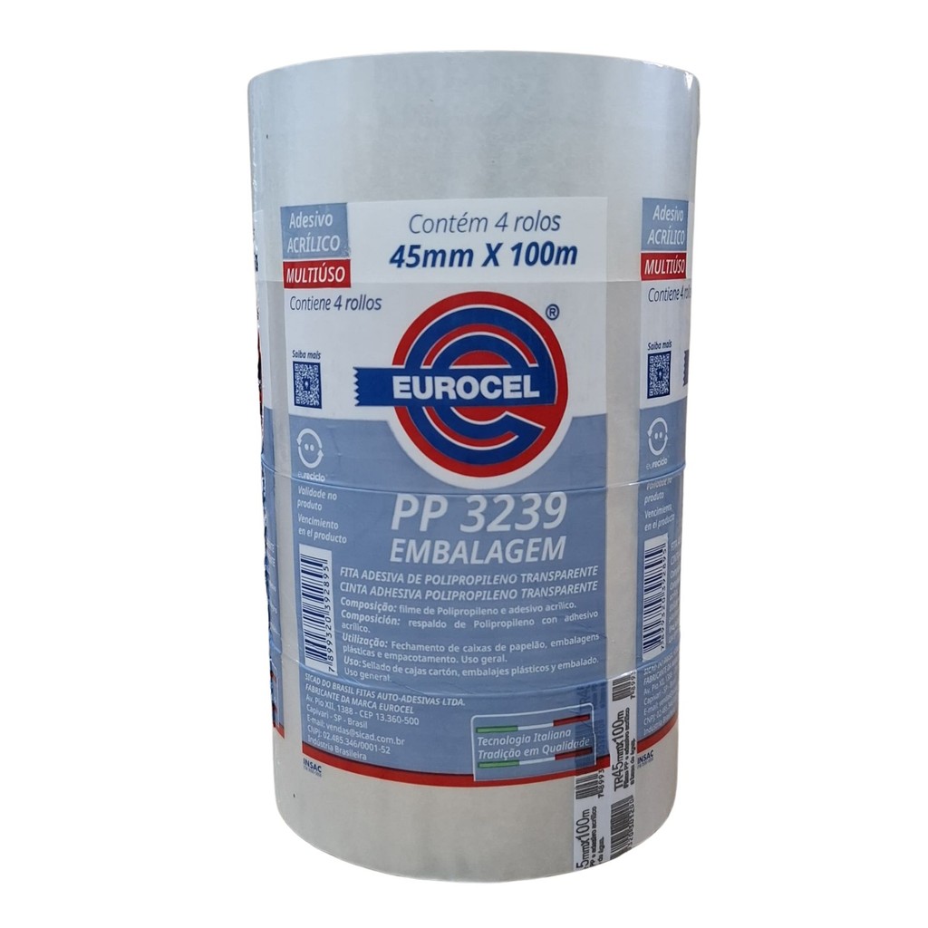 Fita Adesiva Larga Transparente PP 45mm x 100m Resistente Eurocel Kit 4 Rolos