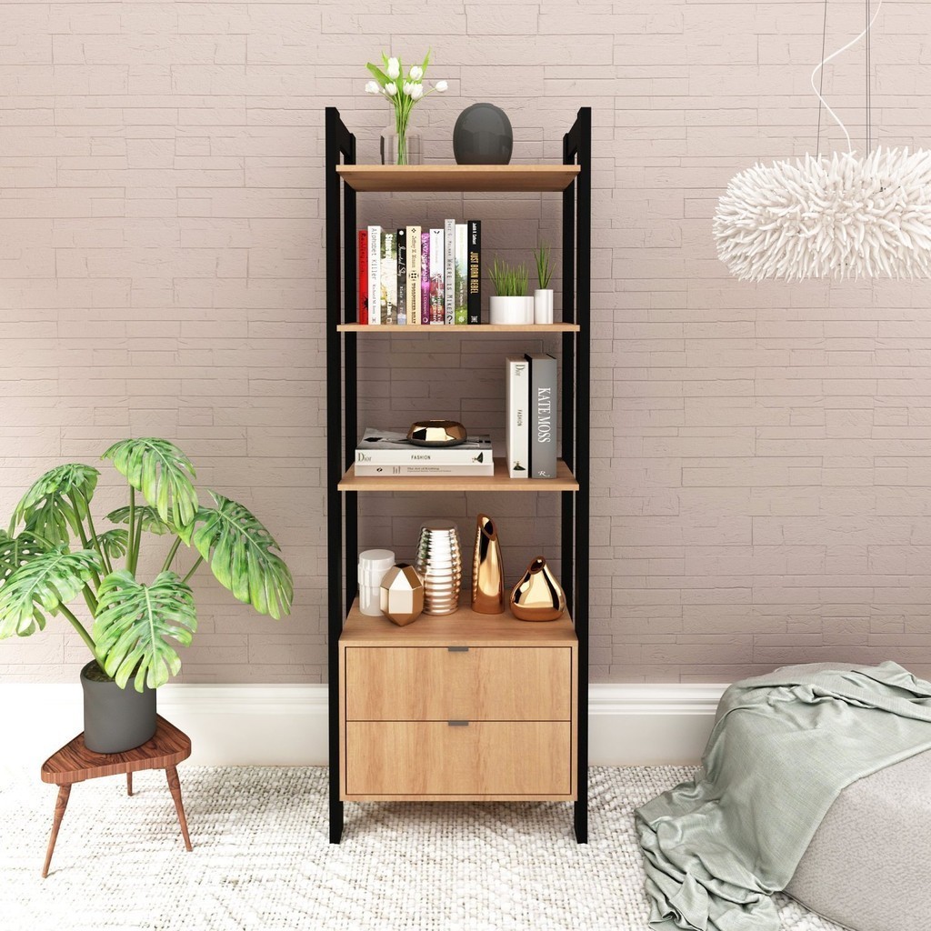 Estante para Livros 2 Gavetas Embaixo 1,85x0,65m Haia Yescasa Amêndoa/Preto em Oferta na Shopee