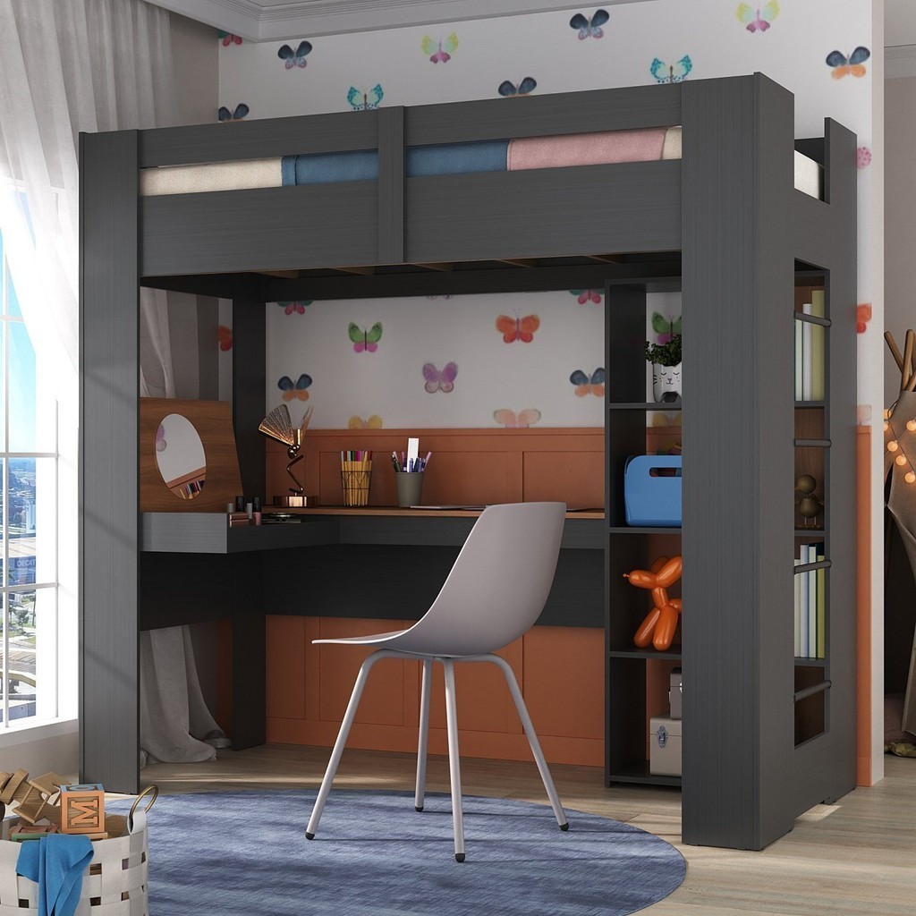 Cama Alta Infantil/juvenil Multifuncional com Escrivaninha Penteadeira Agatha Grafite/Nogal em Oferta na Shopee