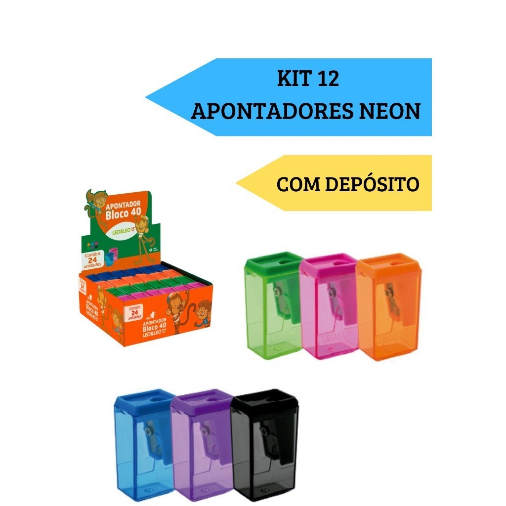 Kit 12 Apontadores Com Depósito Bloco 40  NEON Trend Escolar Escritório Leo&Leo em Oferta na Shopee