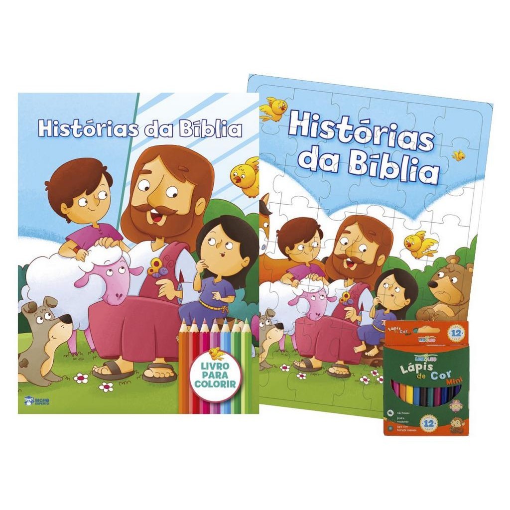 Histórias da Bíblia – Livro com história para colorir com Quebra-Cabeça e Lápis de Cor! em Oferta na Shopee